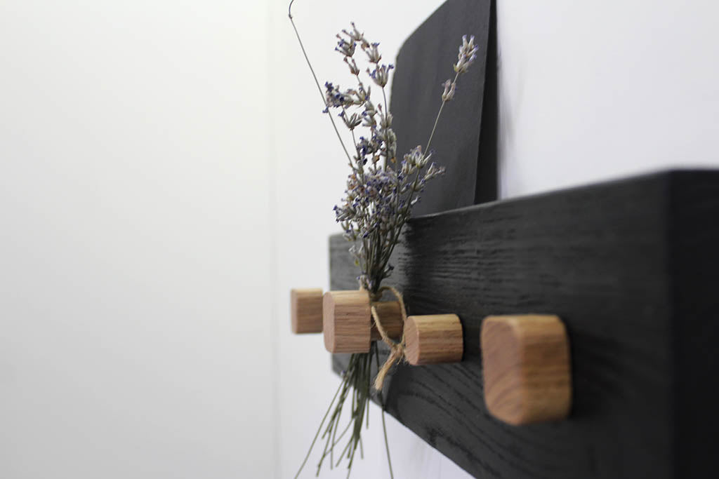 Black and light oak color combination of coat rack with mail holder